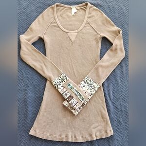 We The Free Tan Waffle Knit Long Sleeve Top with Floral Cuffs